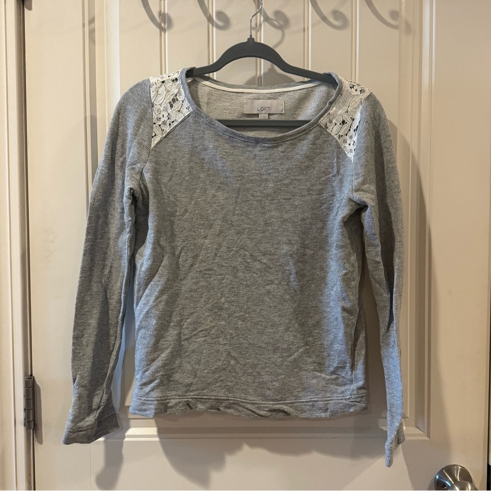 LOFT Heather Gray Top with Ivory Lace Accents